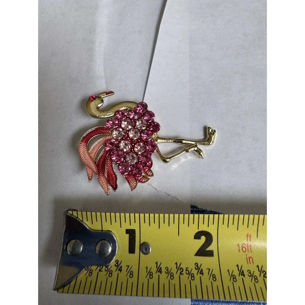 Vintage Pink Flamingo Brooch Rhinestone Enamel Gold Tone Bird Pin Costume...